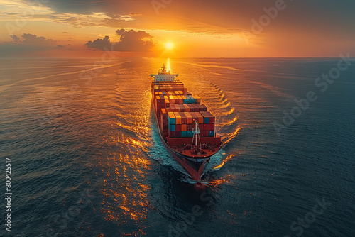 An impressive cargo ship cuts through the ocean, leaving a trail as the sun sets behind, creating a dramatic backdrop photo