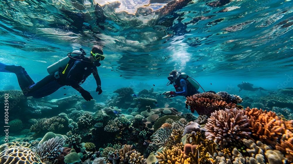 Divers explore a vibrant coral reef under crystal-clear water