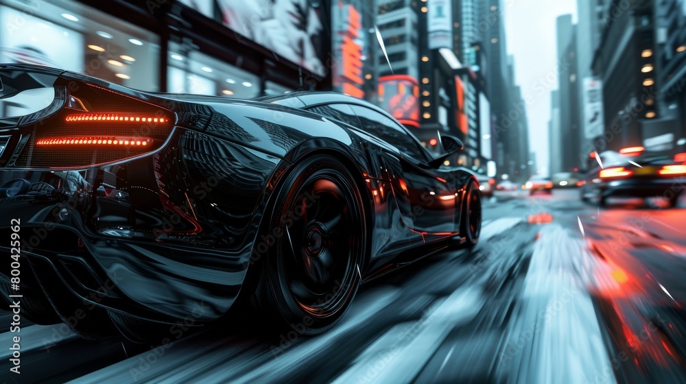 Urban street racing scene featuring sleek black matte sports cars, enhanced with a grunge overlay for a street racer concept. Presented in a dynamic 3D illustration.
