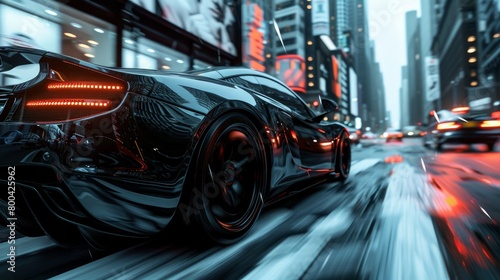 Urban street racing scene featuring sleek black matte sports cars, enhanced with a grunge overlay for a street racer concept. Presented in a dynamic 3D illustration. © Elchin Abilov