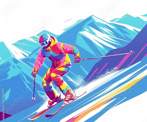 A skier in a colorful ski suit skis down the mountain