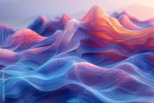 A dynamic image of a virtual reality landscape, with digital mountains and valleys constantly shifting and reforming,