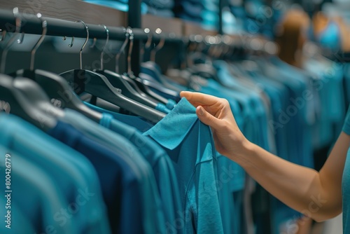 Close-up of a woman's hands choosing a shirt on a hanger in a shop