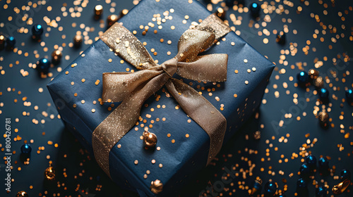 A stunning blue gift box tied with a shimmery golden ribbon against a backdrop of sparkling confetti