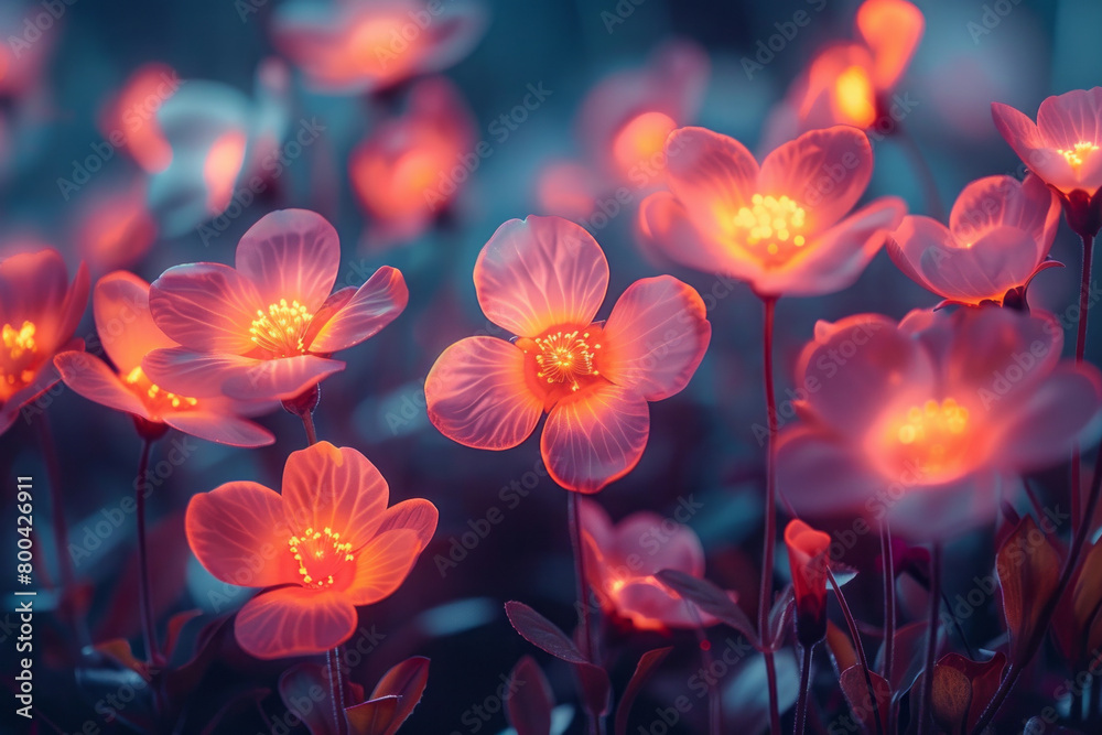 A series of abstract neon flowers blooming in a mystical garden at night, A series of abstract neon flowers blooming in a mystical garden at night,