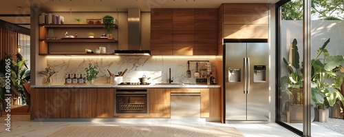 Modern kitchen with wood cabinetry covering fridge freezer dishwasher