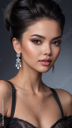 portrait of a woman with hair  Incredible sculptural beauty model with a very beautiful dynamic expressive face  exuding fierce confidence and power  poses boldly. With her perfect proportions  stunni