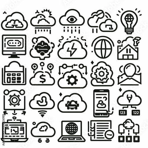 outline cloud computing set icon silhouette vector illustration white background  cloud services  server  cyber security  digital transformation. Outline icon collection. Editable stroke