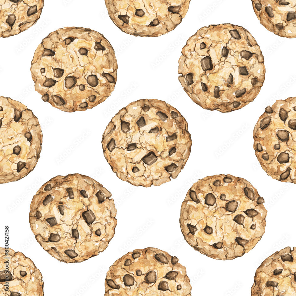 Seamless pattern with home made round chocolate chip cookies isolated on white background. Watercolor hand drawn illustration.. Seamless pattern with home made round chocolate chip cookies isolated on white background. Watercolor hand drawn illustration..
