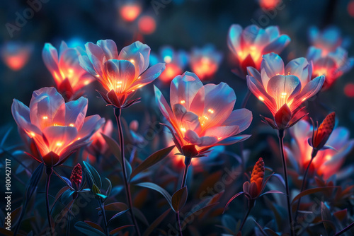 A series of abstract neon flowers blooming in a mystical garden at night, #800427117