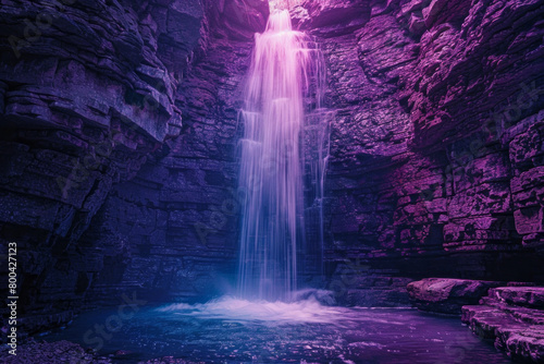 A neon-lit waterfall, with water cascading in brilliant blues and purples against a rocky, shadowed background,
