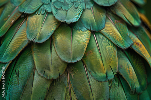 A depiction of a bird's feather, where each barb is a different shade of green, symbolizing biodiversity and the fragility of ecosystems. photo