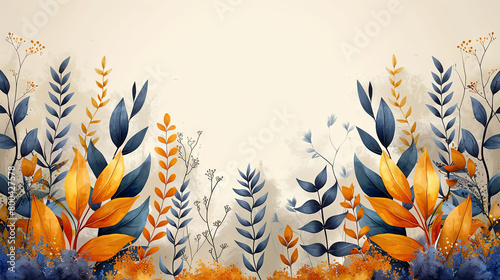 Illustration of diverse autumn leaves in warm tones on a textured, vintage beige background Represents fall season photo