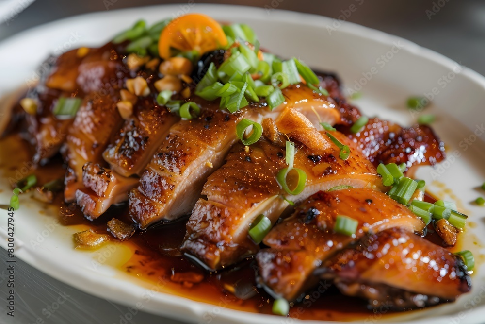 Exquisite Arrangement of Crispy Peking Duck on White Platter closeup view