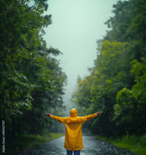 Emotional Release in the Rain  A Person Finds Peace in a Yellow Raincoat Amidst a Gentle Downpour - Image made using Generative AI