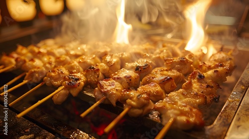 Flames kiss sizzling skewers on a fiery grill photo