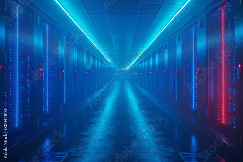 An AI-powered data center with servers emitting a cool blue light, ideal for IT service provider marketing materials, © Natalia