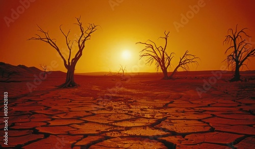 A desert landscape with cracked earth and silhouettes of trees under the orange sky
