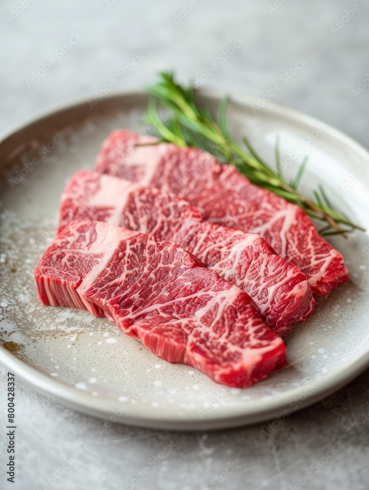 high quality fat beef, The background is white or gray.