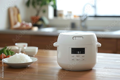 A compact rice cooker with a digital timer, allowing precise control over cooking time.