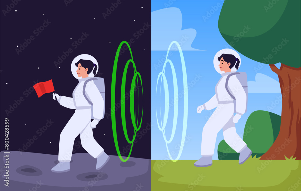 Illustration of the teleportation concept: an astronaut girl enters a space portal from earth to the moon. Illustration of the teleportation concept: an astronaut girl enters a space portal from earth to the moon.