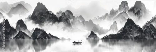 ink painting depicts misty mountains and rivers, with a boat in the distance on the water © MSTSANTA