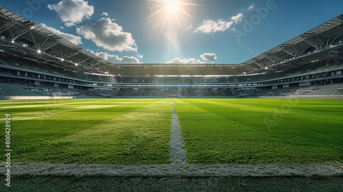 Panorama of the football stadium, the sun is shining above the stands.