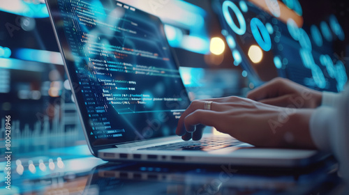 person typing on a computer keyboard, Financial Technology in Urban Landscape: Businessman Works on Laptop Against City Skyline Background