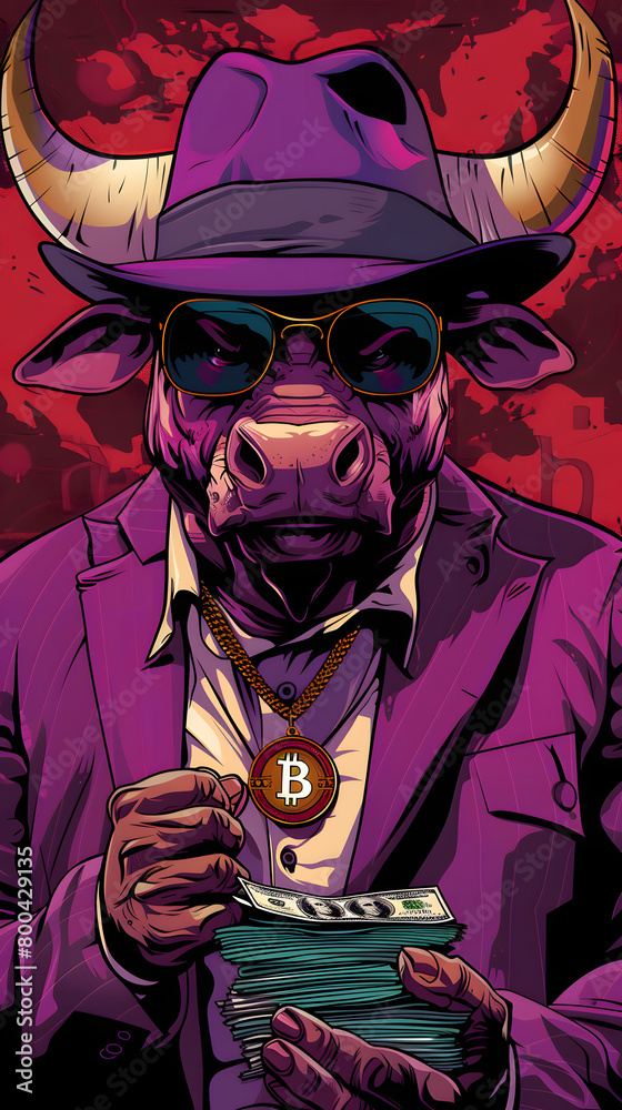 cyberpunk bull illustration successful crypto trading gold necklace Bitcoin symbol background copy space
