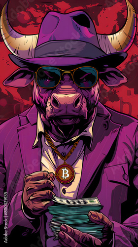 Obraz na płótnie cyberpunk bull illustration successful crypto trading gold necklace Bitcoin symbol background copy space w salonie