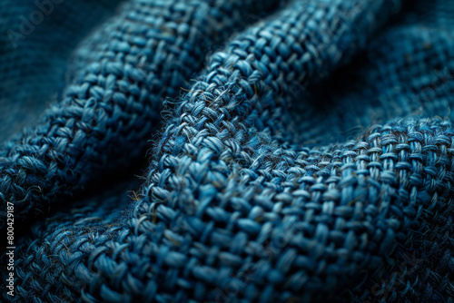 An up-close view of coarse denim fabric, emphasizing the threads and weaves for a strong, textured background,