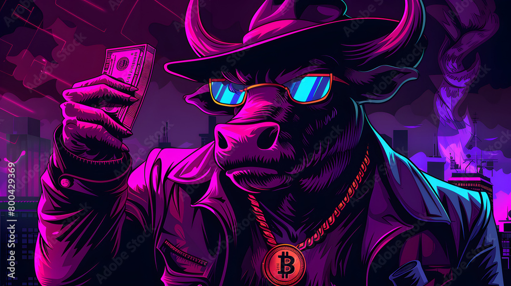 cyberpunk bull illustration successful crypto trading gold necklace Bitcoin symbol background copy space