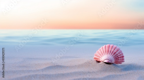A solitary pink seashell placed centrally on a smooth sandy beach  early morning light casting soft shadows  ideal for calm themes