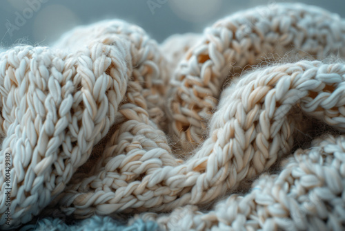 A close-up of a knitted sweater, emphasizing the loops and threads for a cozy, inviting texture, photo