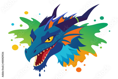 Dragon head with colorful splash isolated on white background. Vector illustration.
