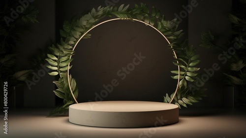 Beige round concrete podium, rich green leaves frame, subdued lighting, threequarter view angle, for elegant product showcases photo