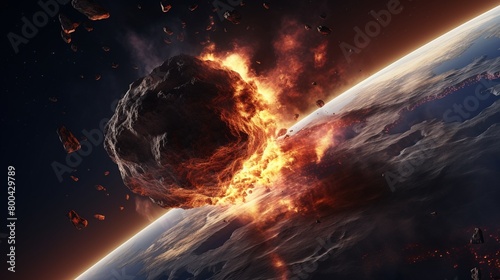 Cinematic scene of a large asteroid approaching Earth, with intense flames and smoke, capturing the critical moments before a catastrophic impact