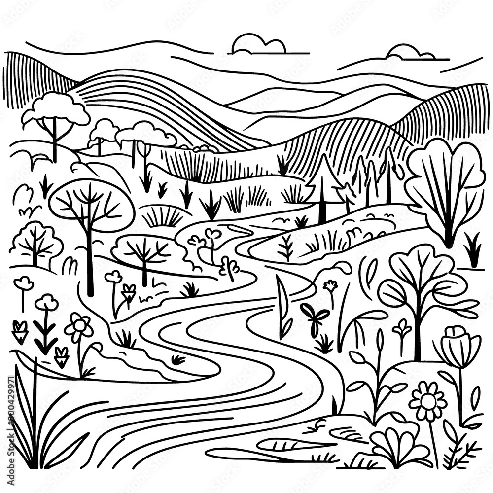 monochrome line art landscape illustration