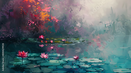 Beautiful watercolor lotus in the pond