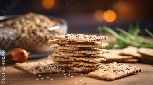 Close view of a stack of multigrain crackers on a light oak table, with a blurred kitchen background, highlighting healthy snack options photo