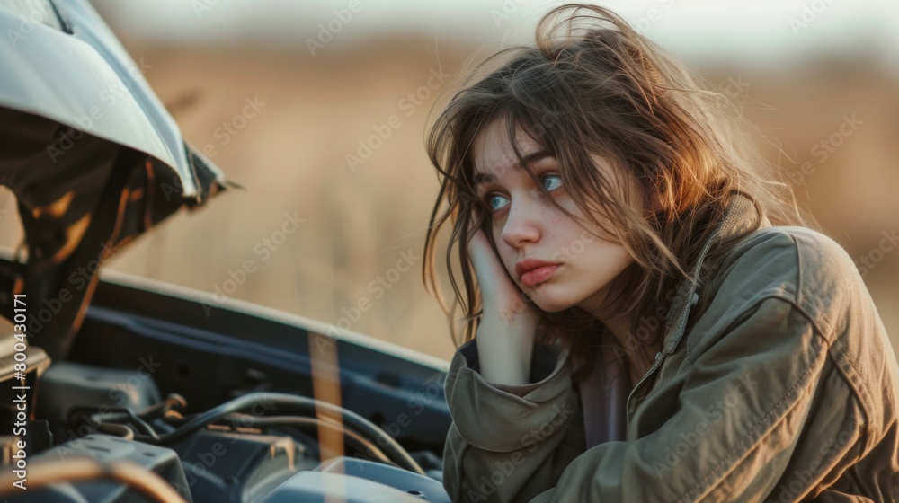 Young woman stands near a broken car with an open hood Young woman stands near a broken car with an open hood