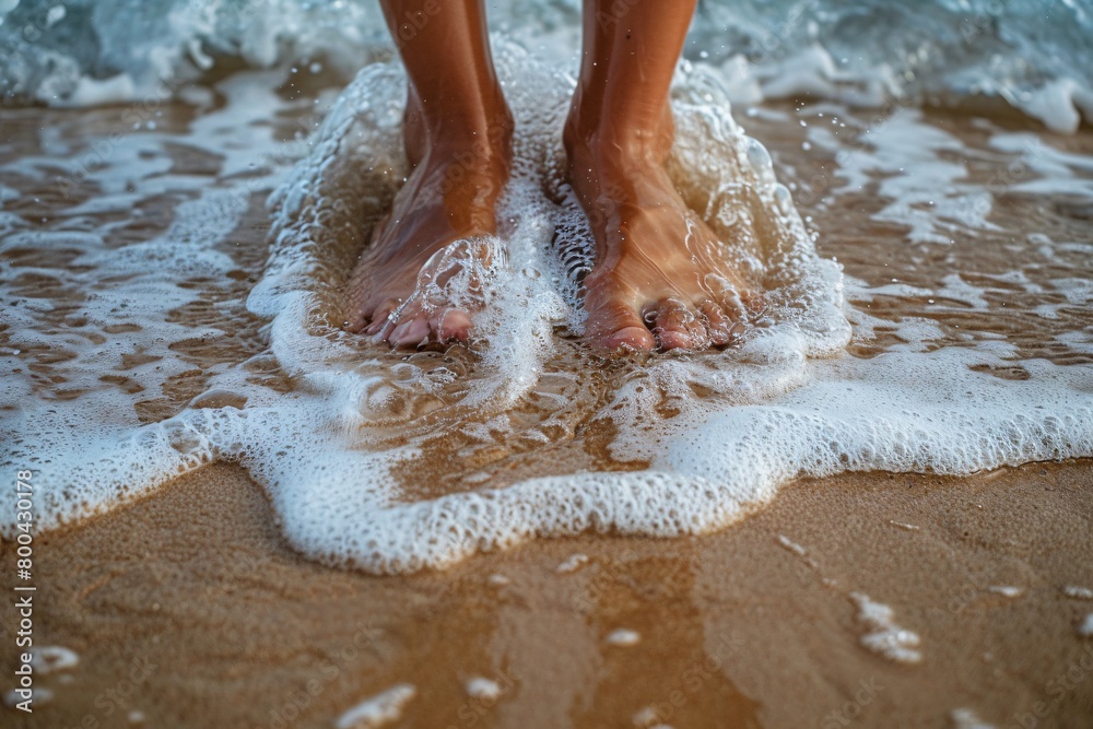 Bare Feet in Sand with Waves Washing Over