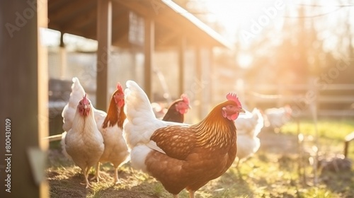 Closeup of vibrant chickens enjoying sunlight in a spacious outdoor pen, natural setting photo