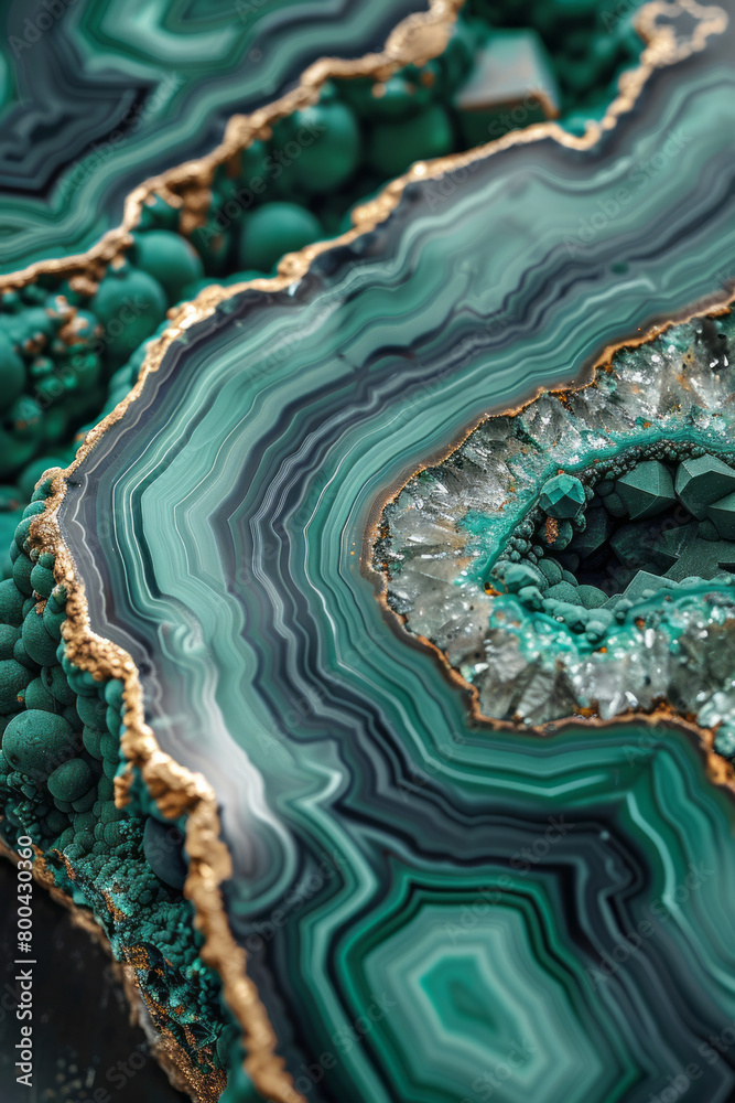 A detailed view of a malachite slice, showcasing its rich green bands and swirling patterns,