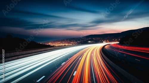 Evening rush hour captured in abstract long exposure, highlighting blurred car lights and dynamic movement on a bustling urban freeway