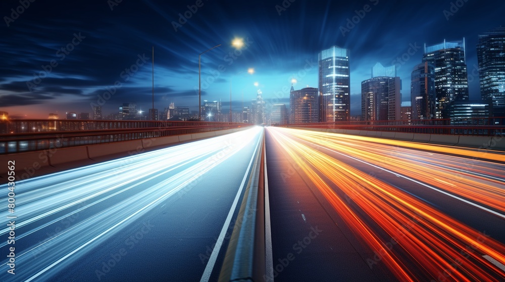Motion blur effect of car headlights and busy night transport on an urban highway captured in a dynamic long exposure photograph Motion blur effect of car headlights and busy night transport on an urban highway captured in a dynamic long exposure photograph