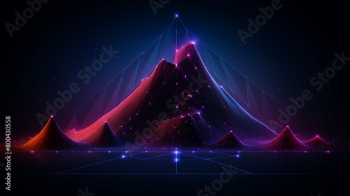 Minimalist mountain outline against a techno grid background, with vibrant neon accents suitable for modern technology advertisement