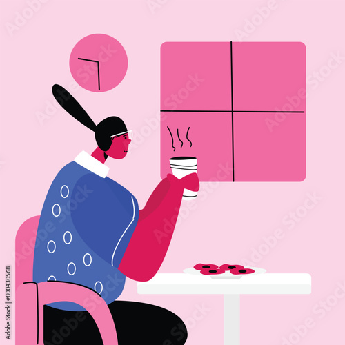 vector image of a woman having breakfast, a woman eating, a woman drinking from a glass