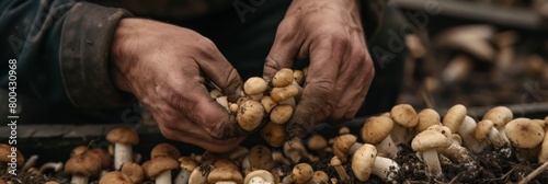 Hands of a man choosing mushrooms in their natural habitat photo