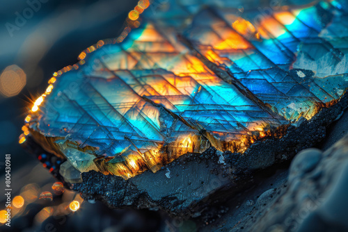 A close-up of labradorite, showcasing its schiller effect with peacock blue and green flashes, photo